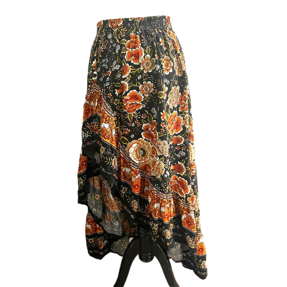 New Frille Rose Floral Side Ruffle Slit Maxi Skirt Boho Festival Earthtones XL